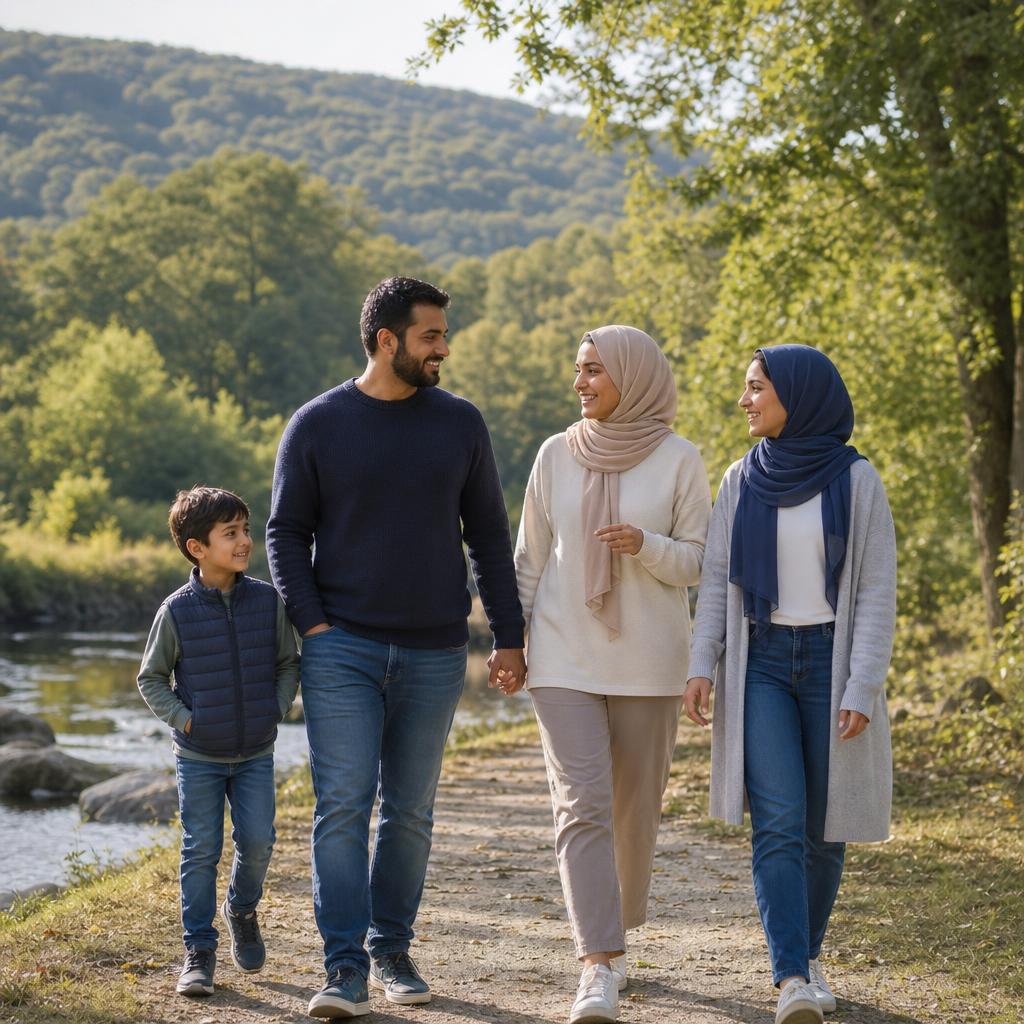 Illustrative scene of Muslim neighbors walking beside a wooded river with Ramapo-like hills; not an actual Mahwah Muslims event